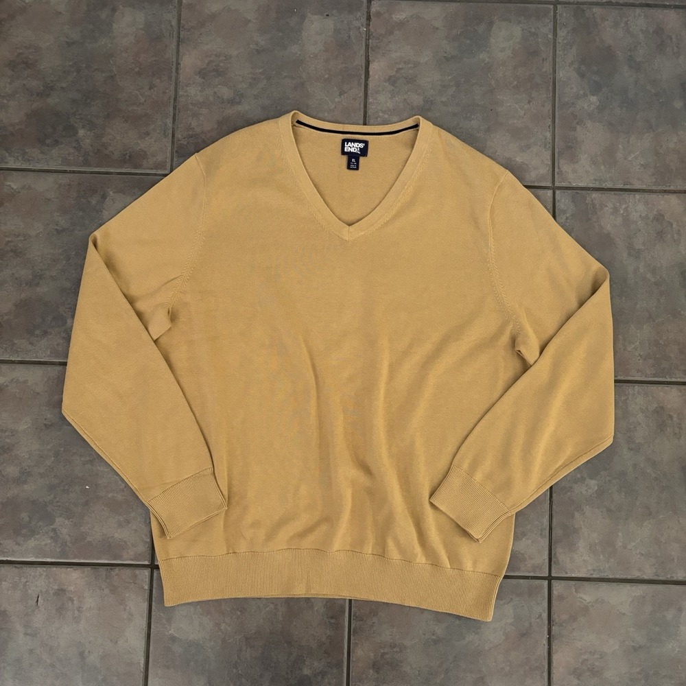 Lands' End Tan V-Neck Sweater Extra Large XL Preppy Academia Cozy Minimalist
